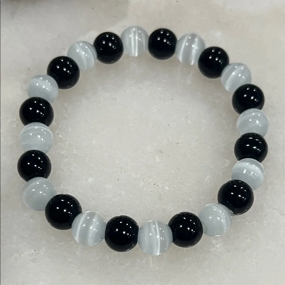 Elegant Black Onyx and White Selenite 7mm Beaded Bracelet